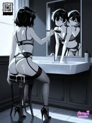 .png: ai_assisted ai_generated ass black_bra black_panties bra breasts cleavage fishnet_legwear fishnets flirtzy.ai garter_belt garter_straps greyscale high_heels lace lingerie medium_breasts mirror monochrome multiple_girls navel panties reflection short_hair thighhighs thong underwear