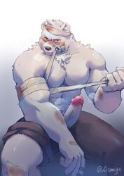 1boy abs alternate_pectoral_size animal_ears arange_(youhei79384157) bandaged_head bandages bandaid bandaid_on_nose bara bear_boy bear_ears biceps blood breath brown_pants erection feet_out_of_frame highres injury large_pectorals male_focus male_only muscular muscular_male navel navel_hair nipples odd_taxi open_fly pants pants_rolled_up pectoral_squeeze pectorals precum sekiguchi_(odd_taxi) short_hair solo stomach sunglasses thick_thighs thighs topless_male uncensored white_fur