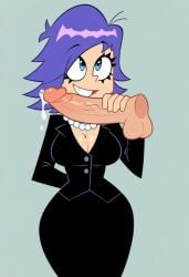 1boy 1girls ai_generated big_breasts big_penis blue_eyes blue_hair breasts business_suit cartoon_network cleavage crossover curvy disembodied_penis female hand_on_penis hi_hi_puffy_amiyumi leo_kasper looking_at_viewer male manhunt_2 pearl_necklace penis precum rockstar_games smile wide_hips yumi yumi_yoshimura