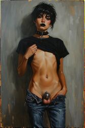 1boy 1femboy ai_generated black_hair black_lipstick blacker666 breasts brunette_hair chastity chastity_cage choker cock_cage collar dark_hair exposed_breasts exposed_nipples exposed_torso femboy flat-chested flat_chest flat_chested gay goth goth_boy gothic lifting_shirt makeup male male_only oil_painting penis pulled_down short_hair sissy solo tanned tanned_body tanned_male tanned_skin twink unbuttoned unbuttoned_pants yaoi