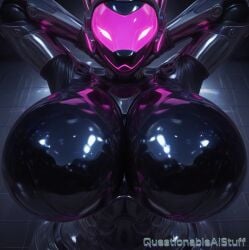 ai_generated arms_behind_head big_breasts black_body breast_focus furry glossy glossy_body huge_breasts large_breasts latex metallic_body pink_light pink_visor protogen protogen_visor shiny_body shiny_breasts