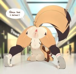 2_tails absurd_res anthro anus ass berrypunchz big_breasts blush breasts brown_hair canid canine clothing dialogue dipstick_tail english_text exhibitionism female fluffy fluffy_tail footwear footwear_only fox fur genitals green_eyes hair hi_res looking_at_viewer looking_back looking_back_at_viewer mall mammal markings mostly_nude multi_tail nude nude_anthro nude_female orange_body orange_fur presenting presenting_hindquarters public shoes shoes_only socks solo tail tail_markings text vulva y_anus