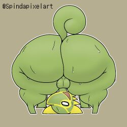 1:1 2022 all_fours anthro ass axoarts backsack balls bent_over big_butt biped bodily_fluids empty_eyes fan_character generation_3_pokemon genitals green_body grey_background huge_butt huge_thighs kecleon looking_through looking_through_legs male markings nintendo nude open_mouth pokemon pokemon_(species) presenting presenting_hindquarters raised_tail rear_view simple_background small_balls solo spindapixelart standing sweat thick_thighs video_games vimmy_(squishy)