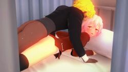 1boy 1boy1girl 1girls 3d 3d_animation akira_brave777 animated bed bedroom blonde_hair blush clothed clothed_sex crying crying_with_eyes_open dark-skinned_male dark_skin drooling female female_focus guilty_crown indoors interracial light-skinned_female light_skin longer_than_30_seconds male moaning penetration pink_hair red_eyes saliva sex sex_from_behind solo_focus sound sweat tagme tears thighhighs thighs video yellow_hair yuzuriha_inori