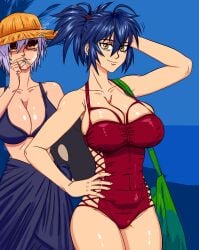 10s 2girls bag bare_shoulders beach bell bikini blue_background blue_hair bra breasts brown_eyes casual_one-piece_swimsuit cigarette cleavage collarbone female_focus glasses grabbing_another's_breast groping gutsbro14 hair_between_eyes highres large_breasts light_purple_hair long_hair looking_at_viewer manyuu_chifusa manyuu_hikenchou manyuu_kagefusa multiple_girls ninja one-piece_swimsuit purple_hair short_hair siblings sisters smile smoke smoking standing swimsuit thick_thighs thighhighs thighs tight_clothes tomboy tree underwear upper_body
