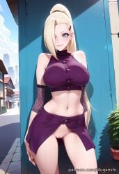 1girl ai_generated bare_shoulders blonde_hair blue_eyes city cowboy_shot crop_top day female fishnets hair_over_one_eye hairclip high_ponytail ino_yamanaka long_hair midriff mugenshi naruto naruto_(series) naruto_shippuden no_panties outdoors patreon_username public_exposure reward_available self_upload skirt smile solo standing stomach