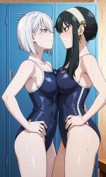 2girls ai_generated black_hair blush breast_press breasts breasts_pressed_against_partner breasts_pressed_together brown_hair brunette_hair catfight competitive competitive_intercourse competitive_sex dark_hair earrings female female_only fiona_frost multiple_girls one-piece_swimsuit rivalry rivals school_swimsuit sexfight spy_x_family staredown white_body white_hair yor_briar yor_forger yuri
