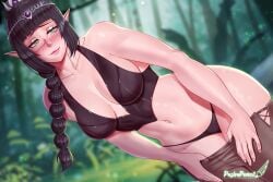 1girls baldur's_gate baldur's_gate_3 black_hair blush braid braided_hair circlet elf_female fanart forgotten_realms green_eyes looking_at_viewer medium_breasts outdoors panties pashapencil pointy_ears scar shadowheart undressing