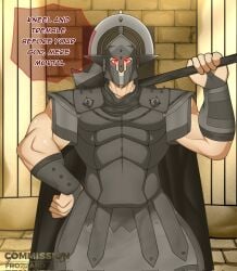 alpha_male ares armor blood_of_zeus cocky frozz_ard greek greek_god greek_mythology helmet muscular_male red_eyes warhammer_(weapon)