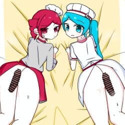 2boys 2d 2d_(artwork) 2girls ass back back_view bed big_ass blue_eyes blue_hair blush blush_lines bottomless buttjob censored censored_penis chef chef_hat chef_uniform clothed clothed_female clothed_female_nude_male clothing dark-skinned_male female hatsune_miku imminent_sex kasane_teto kasane_teto_(sv) large_ass laying_on_bed laying_on_stomach looking_back male nervous obsolete_meat partial_male partially_clothed penis penis_on_ass prone_bone pussy_juice red_eyes red_hair straight sweat sweatdrop sweating synthesizer_v thick_thighs thighs twin_drills twintails utau vocaloid voifoooork wet wet_pussy wide_hips