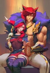 -_-abc 1boy 1girls 2d ai_generated cock dick dominant_male girthy_penis league_of_legends male_domination massive_penis muscular penis red_hair sett sitting sitting_between_legs sitting_on_chair sitting_on_lap sitting_on_person tagme thick_thighs thighs vastaya xayah