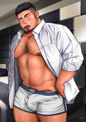 1boy absurdres arm_hair bara bare_pectorals beard belly black_hair blush boner boxers bulge bulge_to_side chest_hair collared_shirt condom condom_in_mouth condom_wrapper cowboy_shot erection erection_under_clothes facial_hair hairy highres indoors kumagorow large_pectorals leg_hair male_focus male_only male_underwear mature_male mouth_hold muscular muscular_male navel navel_hair nipples no_pants open_clothes open_shirt original pectorals penis penis_peek plump shirt short_hair sideburns sleeves_rolled_up solo solo_male stomach stubble thick_thighs thighs uncensored undercut underwear white_male_underwear