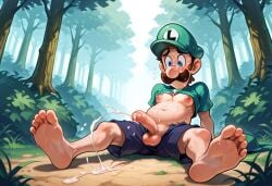 1boy ai_generated arm_support balls belly blue_eyes blue_shorts brown_hair civitai clothing cum cumshot ejaculation erection facial_hair feet forest green_hat green_shirt hat humanoid humanoid_male light-skinned_male light_skin looking_at_penis luigi male male_nipples male_only mario_(series) mature mature_male moustache nintendo nipples outdoors penis penis_out shirt sitting soles solo solo_focus solo_male testicles trees woods