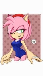 <3 amy_rose erect_nipples erect_nipples_under_clothes erect_nipples_under_swimsuit licking_lips looking_at_viewer no_gloves pikative pink_fur pink_hair sonic_(series) swimsuit wet wet_body wet_hair wet_skin