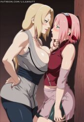 ai_generated big_ass big_breasts blonde_hair breast_press breasts_on_breasts female female_only hand_on_chin huge_breasts large_breasts lesbian lesbian_seduction lilabratt milf naruto naruto_(series) naruto_shippuden pink_hair sakura_haruno seductive_eyes seductive_look tsunade tsunade_(naruto) yuri