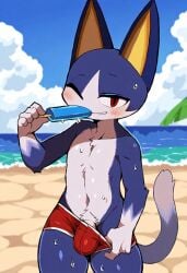 ai_generated animal_crossing barely_visible_genitalia barely_visible_penis beach nintendo outdoors penis_peek pose rover_(animal_crossing) sweat swimming_trunks swimwear teasing video_games