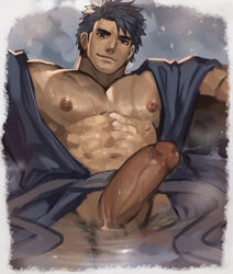 1boy abs arkapami ballsack bara bare_pectorals bercouli blue_eyes blue_kimono bodybuilder chin_pubes closed_mouth daddy dark_blue_hair dilf erection facial_hair foreskin highres human intact japanese_clothes kimono large_pectorals looking_at_viewer male male_nipples male_only masculine mature_male muscles muscular_male naked_kimono navel pecs pectorals penis retracted_foreskin scrotum shiny_skin short_hair sitting smile smooth_skinned_male solo stubble sweat sword_art_online sword_art_online:_alicization sword_art_online:_alicization_-_war_of_underworld uncle uncut veiny_penis wet_skin zaddy