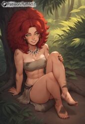 ai_generated back_against_tree bandeau barefoot big_hair black_nails dc_comics dirty dirty_feet feet female female_only forest futfrk53 green_eyes jungle koriand'r loincloth looking_at_viewer red_hair ripped_clothing stable_diffusion starfire starfire_(comics) toes