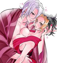 1boy 1girls big_breasts black_hair breast_press breast_squish canon_couple demon_slayer female hand_on_another's_head husband_and_wife japanese_clothes kaze8_ya kimetsu_no_yaiba kimono looking_at_viewer makio_(kimetsu_no_yaiba) male married_couple nail_polish no_bra open_kimono ponytail silver_hair sleeveless two_tone_hair uzui_tengen