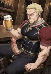 ai_generated askeladd balls beard beer blonde_hair blonde_hair_male cock grabbing_penis male male_focus male_only muscles penis penis_grab stable_diffusion testicles throbbing_penis viking vinland_saga