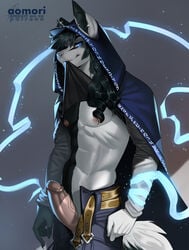 2021 anthro aomori black_hair blue_eyes canid canine clothed clothing digital_media_(artwork) eyebrows eyelashes genitals hair male mammal penis solo