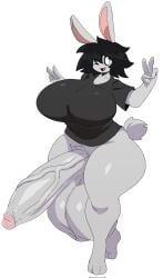 1futa 2d animal_ears anthro ass big_ass big_balls big_breasts big_penis bunny_ears bunny_futa bunny_tail dark_hair erect_penis furry futanari glitchlord8391 grey_body grey_fur half_naked oc one_eye_closed open_mouth original_character peace_sign tagme thick_thighs wink