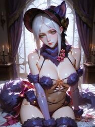 ai_generated bloodborne bonnet breasts bustyb cosplay doll_joints female female_only green_eyes light_skin looking_at_viewer mash_kyrielight_(dangerous_beast)_(cosplay) plain_doll stockings voluptuous voluptuous_female white_hair