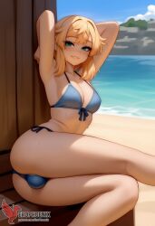 1boy 2d ai_generated ass bangs barefeet big_ass bikini blonde_hair bulge erection erection_under_clothes erophoenix feet full_body green_eyes looking_at_viewer looking_back male male_focus navel nude otoko_no_ko pale_skinned_male patreon_username penis sitting smile soles solo solo_male sweat swimsuit thick thick_thighs toes uncensored
