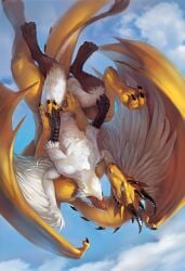 anthro avian beak black_horn cheek_tuft closed_eyes cloud darkgem dragon duo facial_tuft feathered_wings feathers flying front_view gryphon hand_on_crotch head_spikes horn leg_markings male male_anthro markings membrane_(anatomy) membranous_wings mouth_closed mythological_avian mythological_creature mythological_scalie mythology neck_spikes nude orange_beak outside pupils scalie semi-anthro slit_pupils socks_(marking) spiked_tail spikes spikes_(anatomy) tail tuft upside-down white_body white_eyes white_feathers white_wings wings yellow_wings