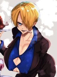 blonde_hair blue_eyes breasts bursting_breasts cigarette curly_eyebrow female female_only genderswap_(mtf) glaring holding_food kiss_and_fafa large_breasts looking_at_viewer nipples_visible_through_clothing no_bra one_piece restaurant rule_63 sanji short_hair smile straining_buttons suit sweat very_short_hair vinsmoke_sanji wine_glass