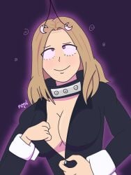 blonde_hair boku_no_hero_academia breasts camie_utsushimi cleavage clothed collar female_only femsub happy_trance hypnosis large_breasts long_hair m00n_key my_hero_academia pendulum pink_eyes shrunken_irises signature simple_background smile spiral_eyes symbol_in_eyes undressing
