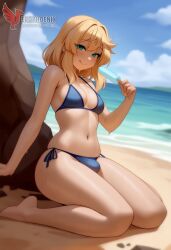 1boy 2d ai_generated ass bangs barefeet big_ass bikini blonde_hair bulge erection erection_under_clothes erophoenix feet full_body green_eyes looking_at_viewer looking_back male male_focus navel nude otoko_no_ko pale_skinned_male patreon_username penis sitting smile soles solo solo_male sweat swimsuit thick thick_thighs toes uncensored