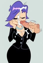 1boy 1girls ai_generated big_breasts big_penis blue_eyes blue_hair breasts business_suit cartoon_network cleavage crossover cum cum_in_hair cum_on_clothes cum_on_face curvy disembodied_penis ejaculation female hi_hi_puffy_amiyumi leo_kasper looking_at_viewer male manhunt_2 pearl_necklace penis rockstar_games smile wide_hips yumi yumi_yoshimura