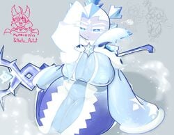 1girls big_breasts blue_body blue_eyes breasts cookie_run cookie_run_kingdom female_only frost_queen_cookie huge_breasts queen snow snow_sugar_cookie solo tagme thick_thighs trophimos voluptuous white_hair