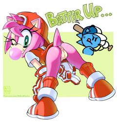 all-star_amy amy_rose ass baseball baseball_cap baseball_uniform bent_over bottomless bubblegum cap clothing coolblue emerald_eyes eye_black green_eyes pink_fur pink_hair presenting_hindquarters pussy slugger_sonic sonic_(series) sonic_the_hedgehog_(series)