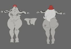 arm_tattoo artsgrem ass_bigger_than_head ass_tattoo breasts breasts_bigger_than_head cap chubby chubby_belly chubby_female female grey_hair naked red_cap thick_thighs toes
