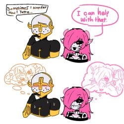 ali_(cute_deth) angelcube(ship) artist_self-insert blowjob blush cute_deth emo emo_robot english english_text gabriel_(ultrakill) hair_over_one_eye meme meme_caption meme_reference oral_sex pink_eyes pink_hair self_insert selfship selfshipping smug_face succubus_horns thought_bubble ultrakill