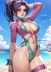2025 ai_generated arm_on_head bikini cute highres leshay7 marvel marvel_comics marvel_rivals medium_breasts perfect_body perfect_legs ponytail psylocke psylocke_(marvel_rivals) stable_diffusion summer sweat sweatdrop sweating sweaty swimsuit thick thick_thighs thighhighs thighs