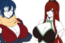 2girls animal_ears bare_shoulders blue_hair breasts cleavage crossover erza_scarlet fairy_tail female_focus gutsbro14 huge_breasts japanese_clothes kimono large_breasts leotard long_hair looking_at_viewer maid manyuu_chifusa manyuu_hikenchou multiple_girls ninja nipples orange_eyes playboy_bunny ponytail rabbit_ears red_hair ribbon scarf seductive_smile simple_background smile standing tomboy unfinished very_long_hair white_background