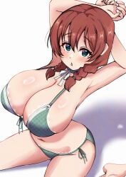 armpits arms_behind_head bikini breasts emma_verde evildaddy12 female high-angle_view huge_breasts looking_at_viewer love_live! love_live!_nijigasaki_high_school_idol_club plaid plaid_bikini sitting thick_thighs triangle_mouth wariza wide_hips