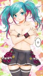 angry blue_eyes blue_hair breasts convenient_censoring covered_nipples dialogue female half-dressed half_naked hatsune_miku kneesocks skirt vocaloid