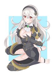 1girls alternate_costume ass bare_thighs barefoot breasts cleavage corrin_(female)_(nohr_noble)_(fire_emblem) corrin_(fire_emblem) corrin_(fire_emblem)_(female) elwai_fe fire_emblem fire_emblem_fates fire_emblem_heroes grey_hair inner_thighs large_breasts long_hair nintendo official_alternate_costume red_eyes simple_background solo stirrup_legwear thighs toeless_legwear very_long_hair white_hair