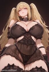 ai_generated alternate_version_at_source ani_(twitter) bangs black_lingerie blonde_hair blue_eyes body cuffs dark_background elbow_gloves female garter_straps girl gloves hair hips hypet lace_bra large_breasts long low-angle_view panties sheer_top shiny shiny_skin skin solo thick thick_thighs thighs twin underboob wide wide_hips