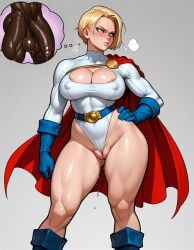 1boy 1girls ai_generated android_18 areola_slip balls belt big_balls big_breasts big_penis blonde_hair blonde_pubic_hair blue_eyes blue_gloves boots breasts cleavage cleavage_cutout clothed covered_nipples dark-skinned_male daydream dragon_ball fantasizing feet_out_of_frame female foreskin frontal_wedgie fusion fusion_character grey_background imagining interracial jimojo long_sleeves male muscular muscular_female muscular_male musk nipple_bulge nipple_outline nipples_outside partially_retracted_foreskin penis plump_labia power_girl_(cosplay) precum pubic_hair_peek puffy_pussy pussy pussy_juice pussy_juice_drip red_cape retracted_foreskin simple_background solo solo_female stable_diffusion superhero_costume superheroine thick_thighs uncircumcised veiny_penis white_leotard