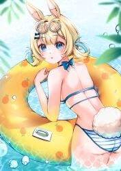 animal_ears ass back bare_shoulders bikini blonde_hair blue_bikini blue_eyes blurry_background blurry_foreground bunny_ears bunny_tail day depth_of_field eyewear_on_head female hair_ornament innertube looking_at_viewer looking_back outdoors short_hair solo striped striped_bikini swimsuit tail vyugen water yenko
