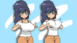 alternate_version_available bandage_on_face big_breasts blue_eyes blue_hair blush bra_strap cute dark_blue_hair holding_breast huge_breasts kim_han_yi_(writers_crusaders) korean ponytail simple_background solo solo_female wcjuan white_topwear writers_crusaders