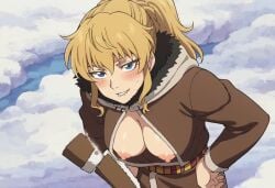 ai_generated areola areolae bare_breasts bare_chest big_breasts biting_lip blonde_female blonde_hair blonde_hair_female blue_eyes breasts exposed_breasts exposed_nipples exposed_torso eye_contact female female_focus female_only hands_on_hips horny horny_female large_breasts light-skinned_female looking_at_viewer messy_hair nipples open_clothes open_coat open_jacket outdoors pale-skinned_female ponytail shiny_skin snow snowy_background solo_female solo_focus stable_diffusion tits_out unbuttoned vinland_saga ylva_(vinland_saga)