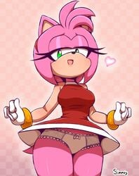 amy_rose bow_panties breasts clothing panties pantyshot pink_fur pink_hair simmsy smug sonic_(series) upskirt white_panties