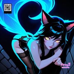 2d ahri ai_assisted ai_generated animal_ears artist_name black_hair black_legwear breasts facial_mark female flirtzy.ai fox_ears fox_tail garter_belt glowing lace lace-trimmed_legwear lace_trim league_of_legends long_hair multiple_tails solo tagme tail thighhighs vastaya whisker_markings yellow_eyes