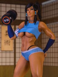 1girls 3d agent_4_tea_se7en avatar_legends big_breasts blue_eyes breasts dark-skinned_female dark_skin exercise female korra nipples solo the_legend_of_korra underboob weightlifting
